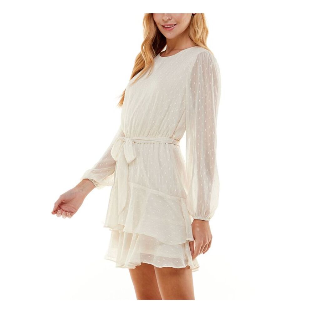 CITY STUDIO Womens Short Dress Beige Long Sleeve Belted Ruffle Hem Juniors L - Picture 3 of 4